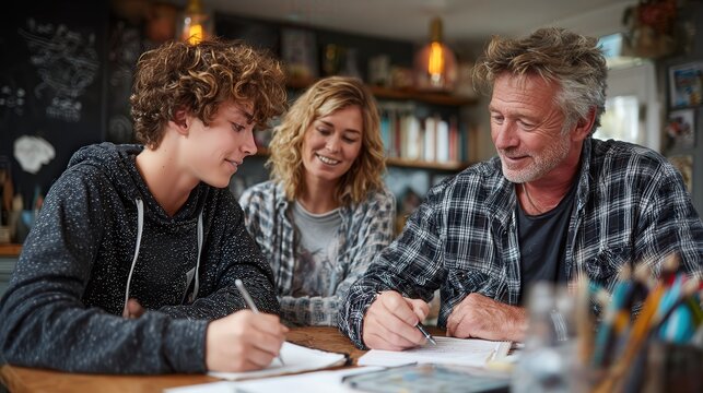 Family Learning Together at Table: Father and Daughter Helping Teenage Son with Homework in Creative Studio
