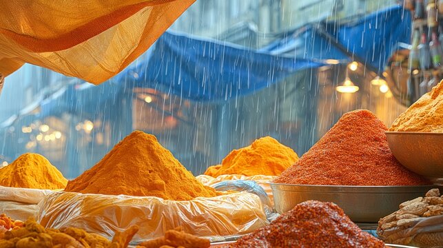 Colorful powdered spices piled high at outdoor market stall in rainy weather