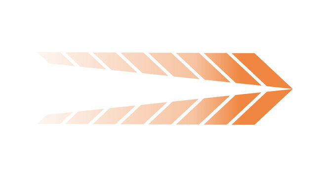 An abstract graphic design depicting an orange arrow formed from stripes, fading to white on the left and sharpening to a point on the right. The design suggests motion, direction, and progress.