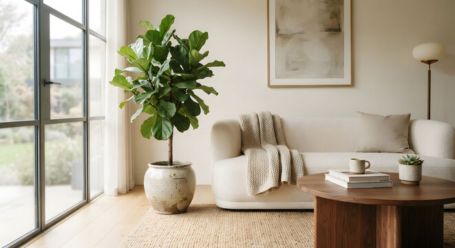 Serene modern living room corner with fiddle leaf fig tree and boucle sofa