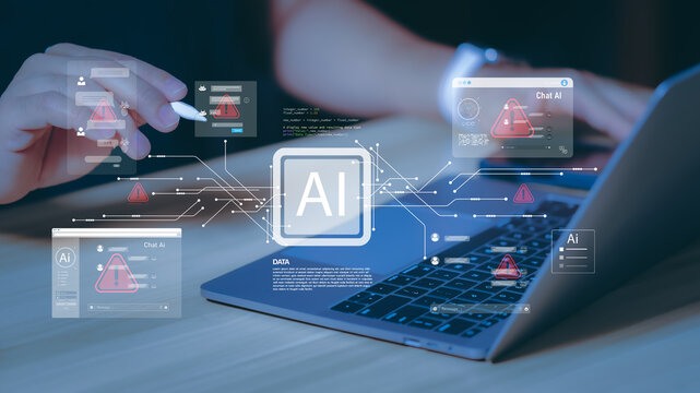 Concept of AI limitations and cybersecurity. Programmer using laptop with virtual screen showing chat artificial intelligence interfaces, computer code, and red alert warnings for system errors.