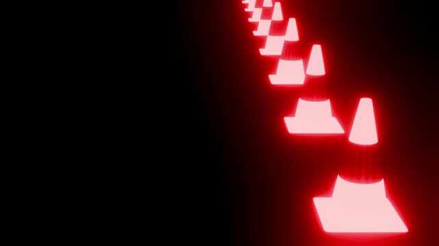 Red glowing traffic cones forming a path on a black background, abstract warning and danger concept, 4K 3D animation, This visual hazards, caution, and guidance, creating a sense