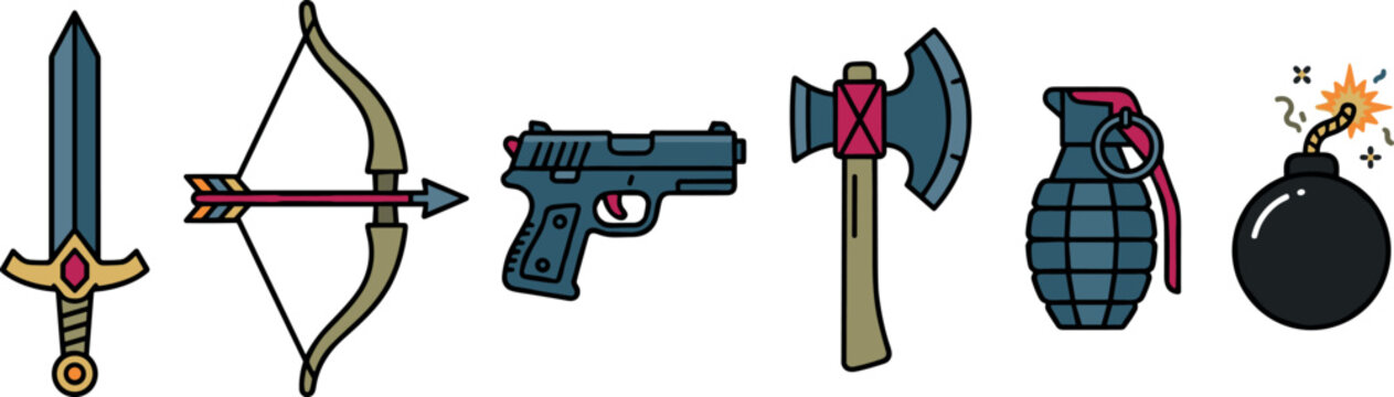 Historical and Modern Combat Weapons Color Line Icon Set with Sword, Bow, Pistol, Battle Axe, Grenade, and Bomb Symbols for Video Games