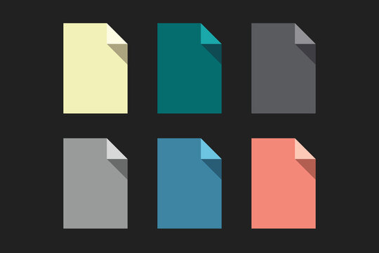 Six Flat Design Paper Icons With Folded Corners In Muted Colors On Dark Grainy Background document file
