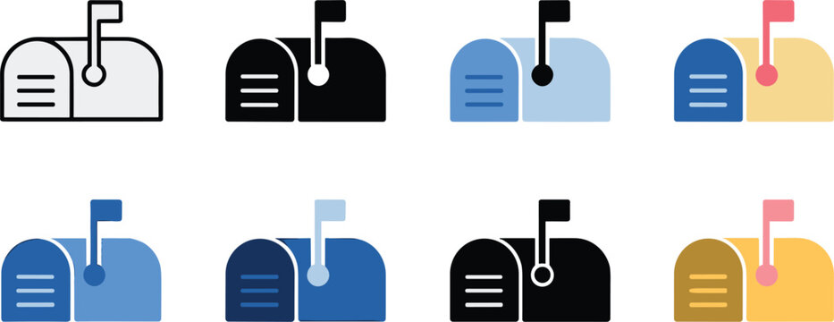 Traditional post office mailbox icon set featuring classic residential mail box with raised red notification flag for message delivery communicationTraditional post office mailbox icon set featuring c