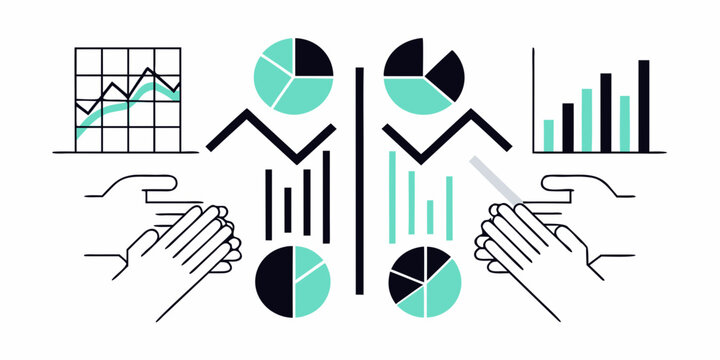 Pie Charts And Hands A Flat Vector Illustration On White Background