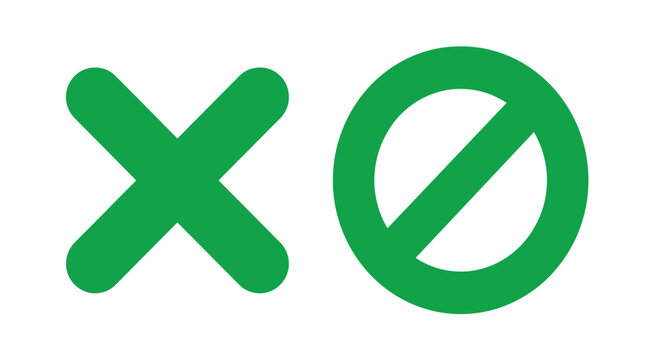 Green x mark and prohibition circle icons for error and stop notifications with prohibition restriction interface isolated forbidden negative application notification
