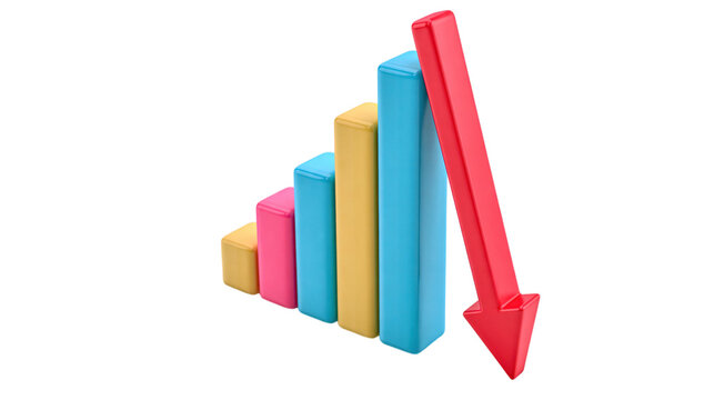 Colored bars chart with red downward arrow isolated on transparent background png cutout