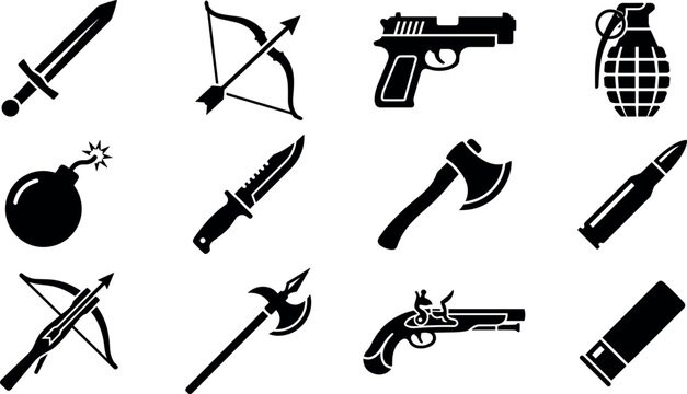 Historical and Modern Combat Weapons Silhouette Icon Set with Sword, Bow, Pistol, Grenade, Axe, Halberd, Crossbow, and Ammunition Symbols for Video Games