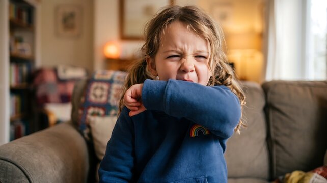 Child coughing into elbow: A young child is depicted in a close-up shot, covering their mouth and nose with their elbow as they cough. The child's face shows a grimace.