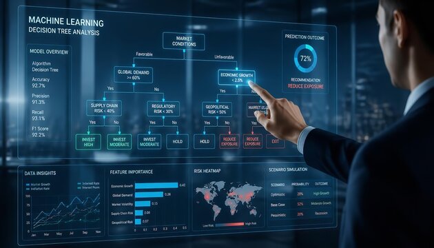 Businessman Using Machine Learning Decision Tree Analysis Dashboard on High Tech Digital Screen