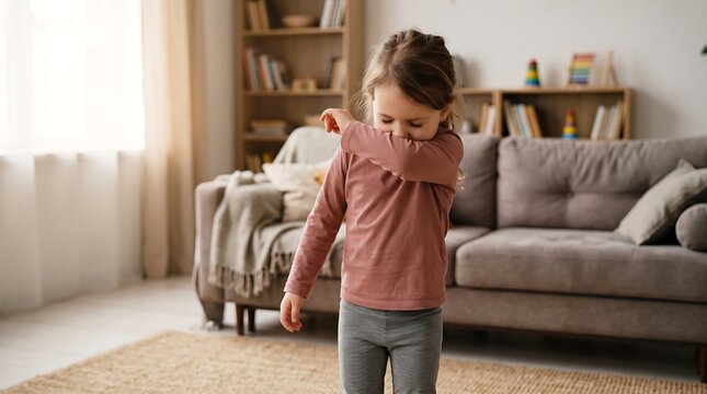 Young Girl Coughing Into Elbow: A young girl with brown hair, wearing a pink long-sleeved shirt and gray leggings, stands in a living room and coughs into her elbow.