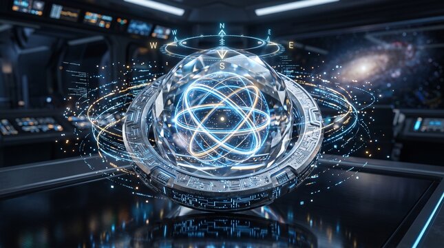 A futuristic holographic compass with glowing orbital rings, directional coordinates, and an atomic core inside a high-tech control room.