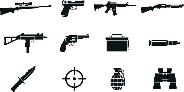 Military Firearms and Tactical Combat Silhouette Icon Set with Rifle, Pistol, Shotgun, Submachine Gun, Revolver, Knife, Grenade, and Crosshair Symbols for Gaming