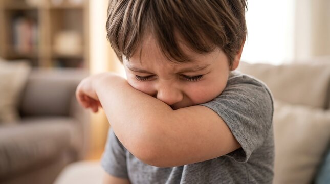 A child coughs into their elbow, demonstrating a common way to prevent the spread of germs and illness.