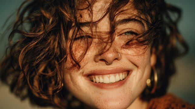 Joyful young woman winks playfully with genuine smile; close-up portrait showcasing freckles and natural beauty in warm sunlight.