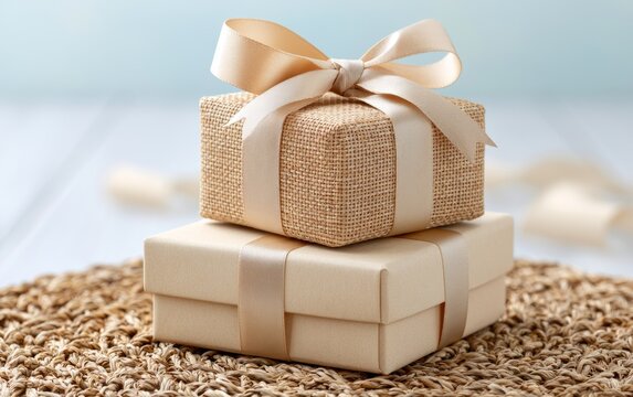 Elegant gift box with textured wrapping and satin ribbon bow on natural mat