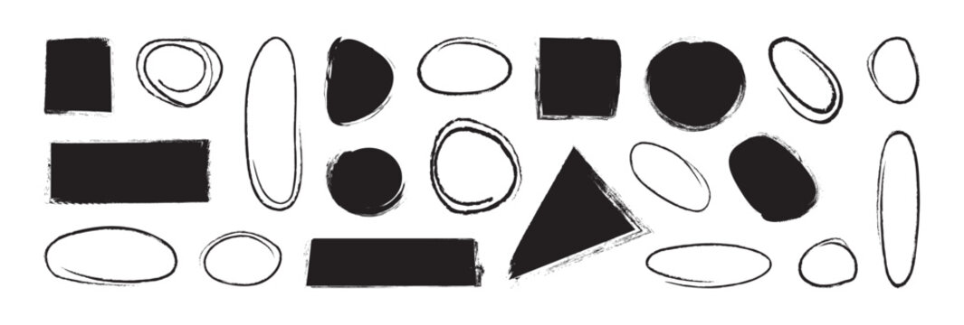 Frame crayon texture, shape box line hand drawn. Coal pencil doodle, pastel brush circle, rectangle, square, triangle, oval and ellipse. Charcoal stamp set, scribble mark collage. Vector illustration