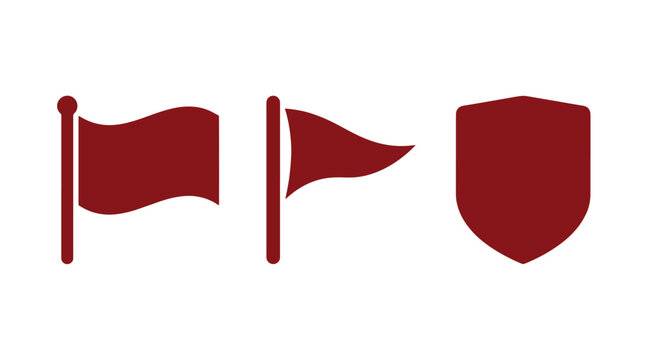 Maroon icon set showing a rectangular flag a triangular pennant a solid shield shape navigation elements location protection security business interface direction