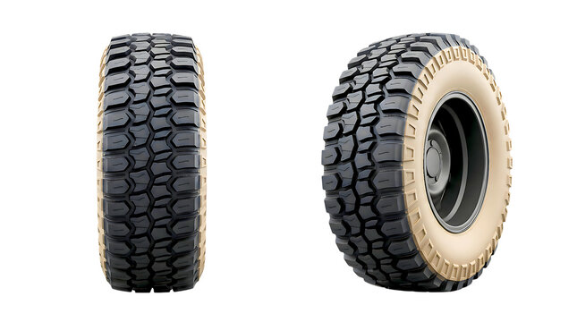 Off road rugged tire with black wheel rim isolated on transparent background heavy duty tread pattern for automotive vehicles adventure trucks and performance driving wheels and tires gear.