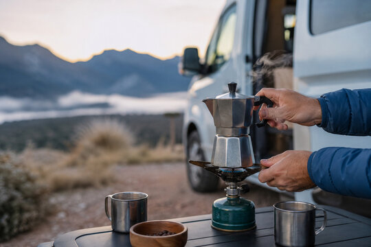 Traveler brews fresh coffee with a moka pot beside a camper van at dawn, with mountain silhouettes and a misty landscape softly blurred behind.