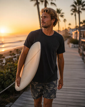 Surfer carries a white board along a palm-lined coastal boardwalk at golden hour, heading toward the beach for an early morning ocean session.