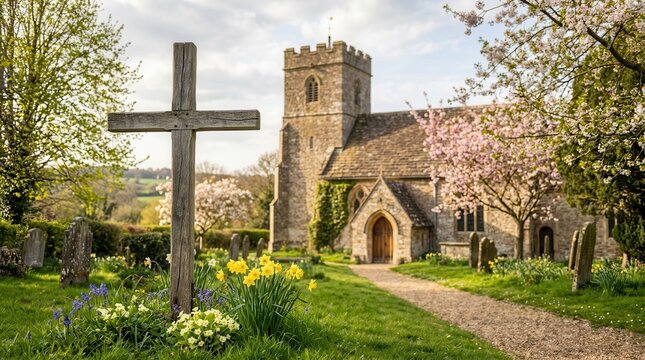 Scenic spring churchyard with blossoming trees and rustic cross