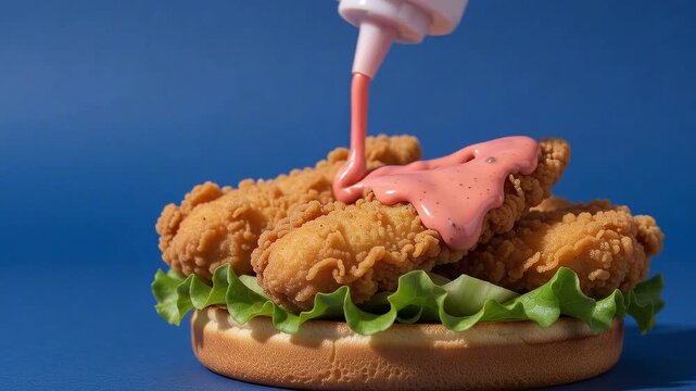Commercial food photography, crispy fried chicken sandwich with creamy pink sauce dripping on it