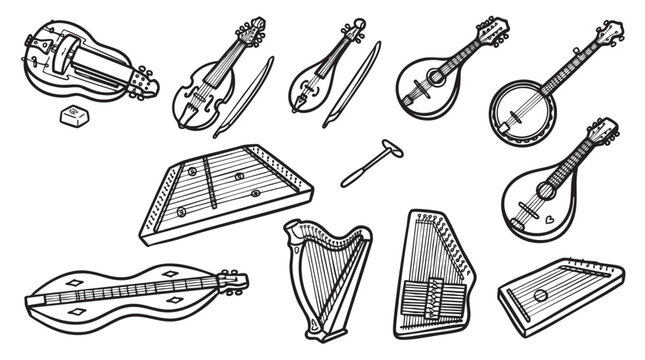 Traditional musical instruments collection featuring folk string and percussion designs.