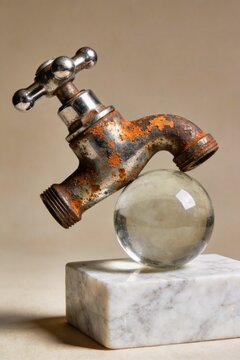 A vertical minimalist conceptual art piece showing a heavily rusted and weathered vintage faucet balanced on a transparent glass sphere over marble.