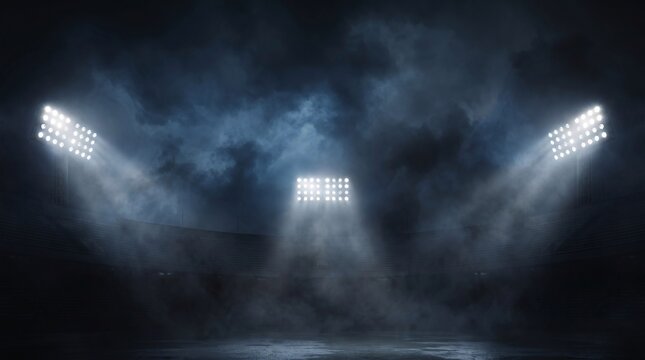 Dramatic empty stadium illuminated by bright floodlights at night under a cloudy sky