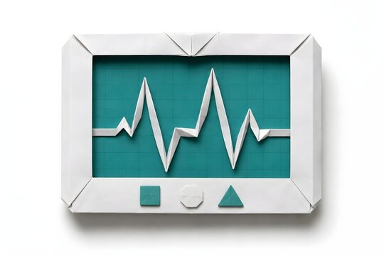 Origami Heartbeat Monitor with Folded Pulse Line and Teal Screen Isolated on White Background