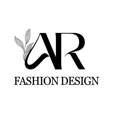 Modern fashion design logo with bold ar initials and elegant botanical leaf illustration, clean typography for brand identity.