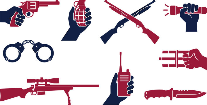 Tactical Police and Military Security Icon Set with Revolver, Grenade, Crossed Shotguns, Handcuffs, Sniper Rifle, Radio, and Tactical Knife Vector Elements