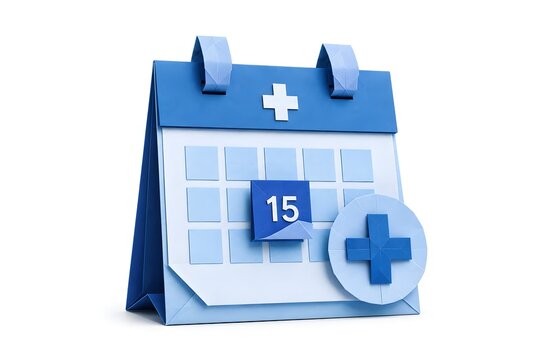 Origami Appointment Calendar with Folded Date and Medical Cross in Blue Paper Isolated on White Background