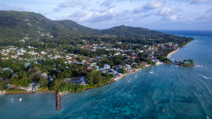 Fototapeta premium La Digue Island Coastline from Above Seychelles