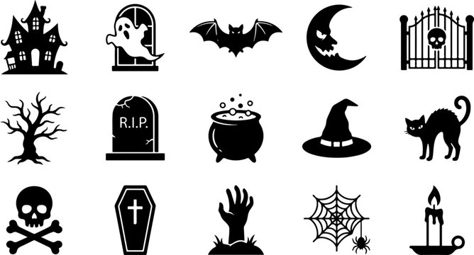 Halloween horror elements and spooky icon set with halloween cemetery cauldron