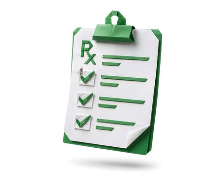Paper Origami Prescription Clipboard with Folded Checkmarks Isolated on White Background