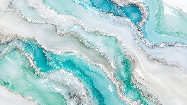 Abstract fluid art background with flowing turquoise, teal, and white waves accented by shimmering silver glitter veins