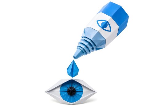 Paper Origami Eye Dropper with Folded Liquid Drop Isolated on White Background