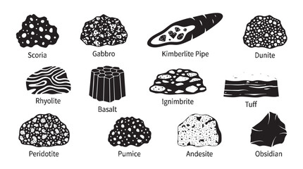 Obraz premium Igneous rock types vector illustration set, various geological rock formations and mineral compositions.