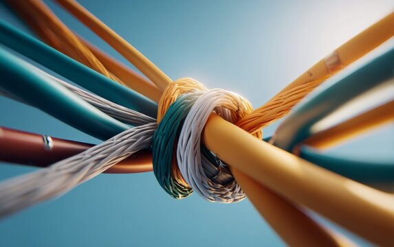 Close-up of colorful electrical wires tied together in a knot against a blue sky background