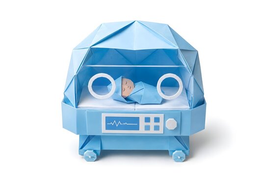 Paper Origami Baby Incubator with Folded Dome Isolated on White Background