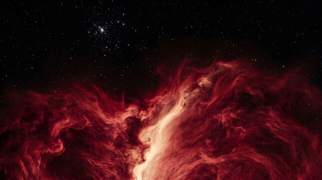 Red nebula and star cluster in deep space