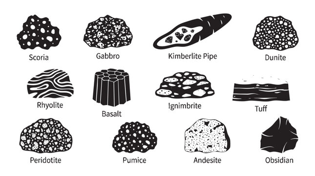 Igneous rock types vector illustration set, various geological rock formations and mineral compositions.