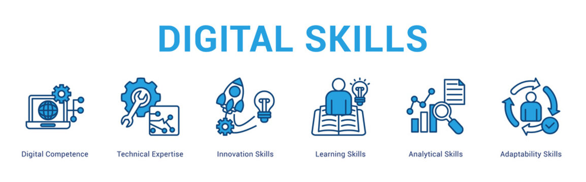 Digital Skills web banner icon concept,  with Digital Competence, Technical Expertise, Innovation Skills, Learning Skills, Analytical Skills, Adaptab.