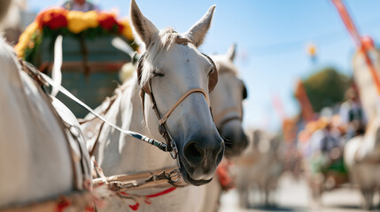 Obraz premium Majestic White Horses Pulling Traditional Decorated Wagons During An Outdoor Festive Celebration Similar To An Oktoberfest Parade