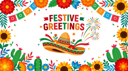 Festive colorful greeting card with traditional hat and floral elements © rochu