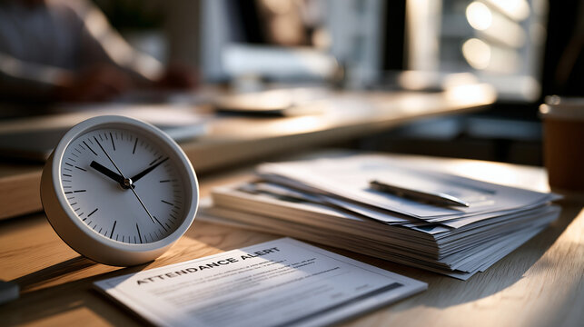 Bright office desk still life close up of a round white clock beside a printed attendance alert card and a stack of documents pen and coffee cup nearby light wooden surface and