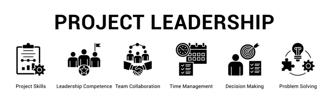 Project Leadership web banner icon concept,  with Project Skills, Leadership Competence, Team Collaboration, Time Management, Decision Making, Problem Solving.